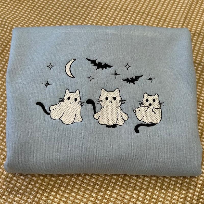 3 Ghost Cats Embroidered Halloween Sweatshirt