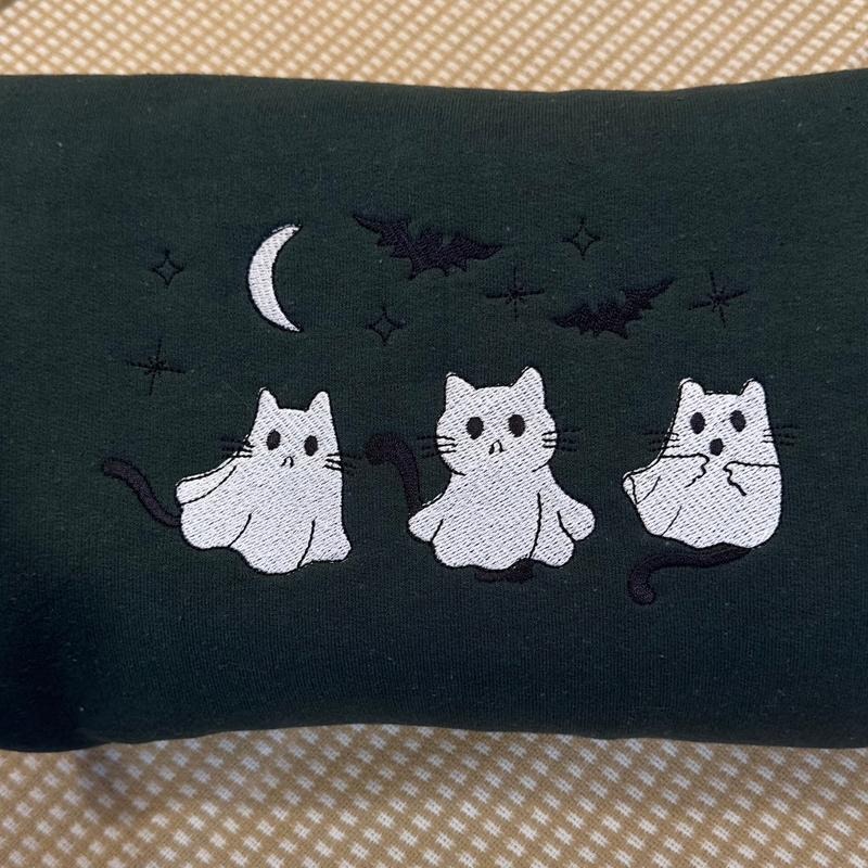 3 Ghost Cats Embroidered Halloween Sweatshirt
