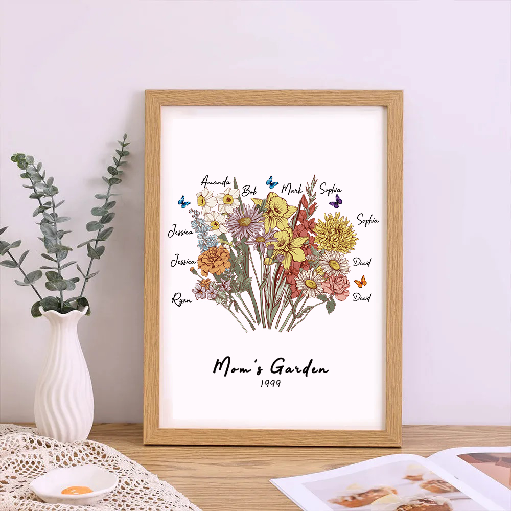 Butterfly Birth Flower Family Bouquet Personalized Names Frame