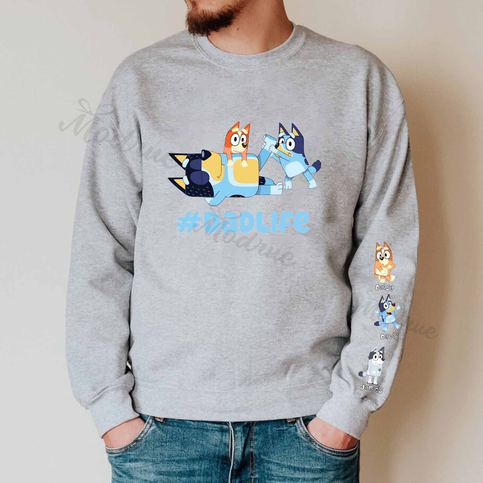 Custom Cartoon Dad Sweatshirt with Kid's Name on Sleeve