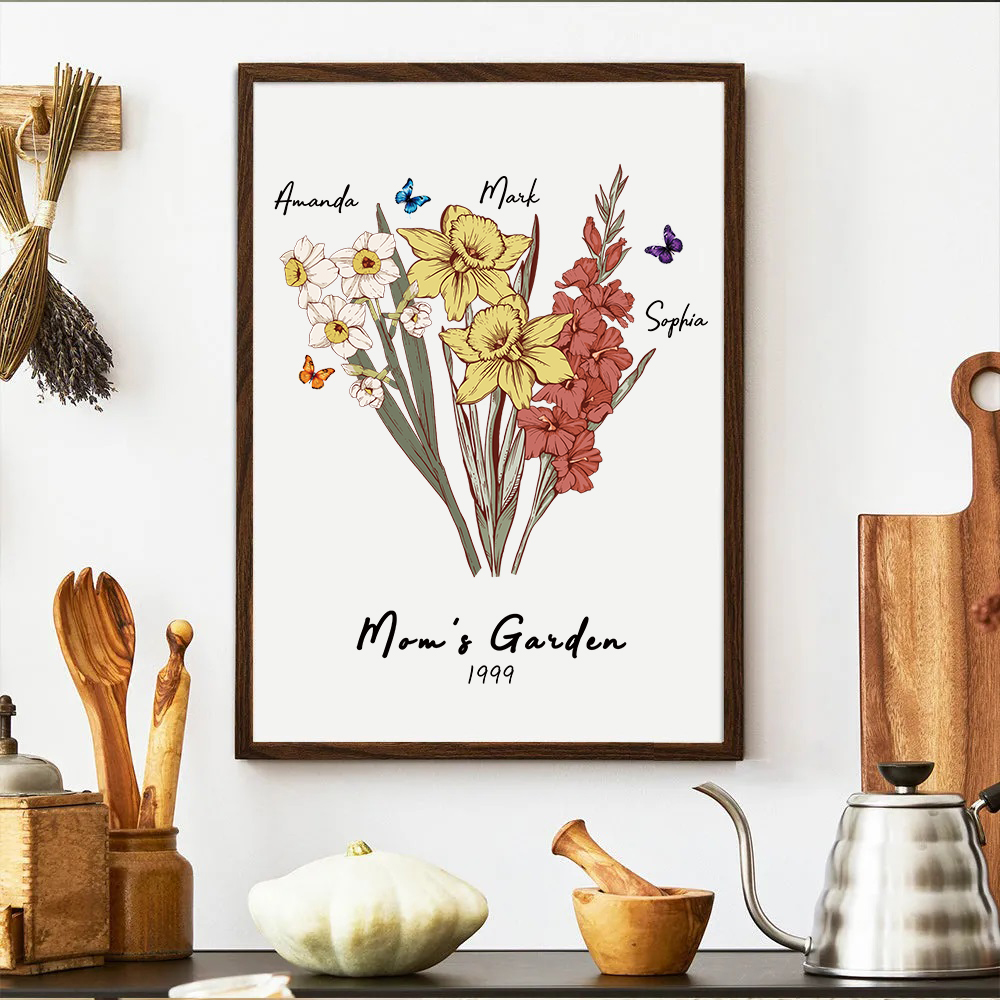 Butterfly Birth Flower Family Bouquet Personalized Names Frame