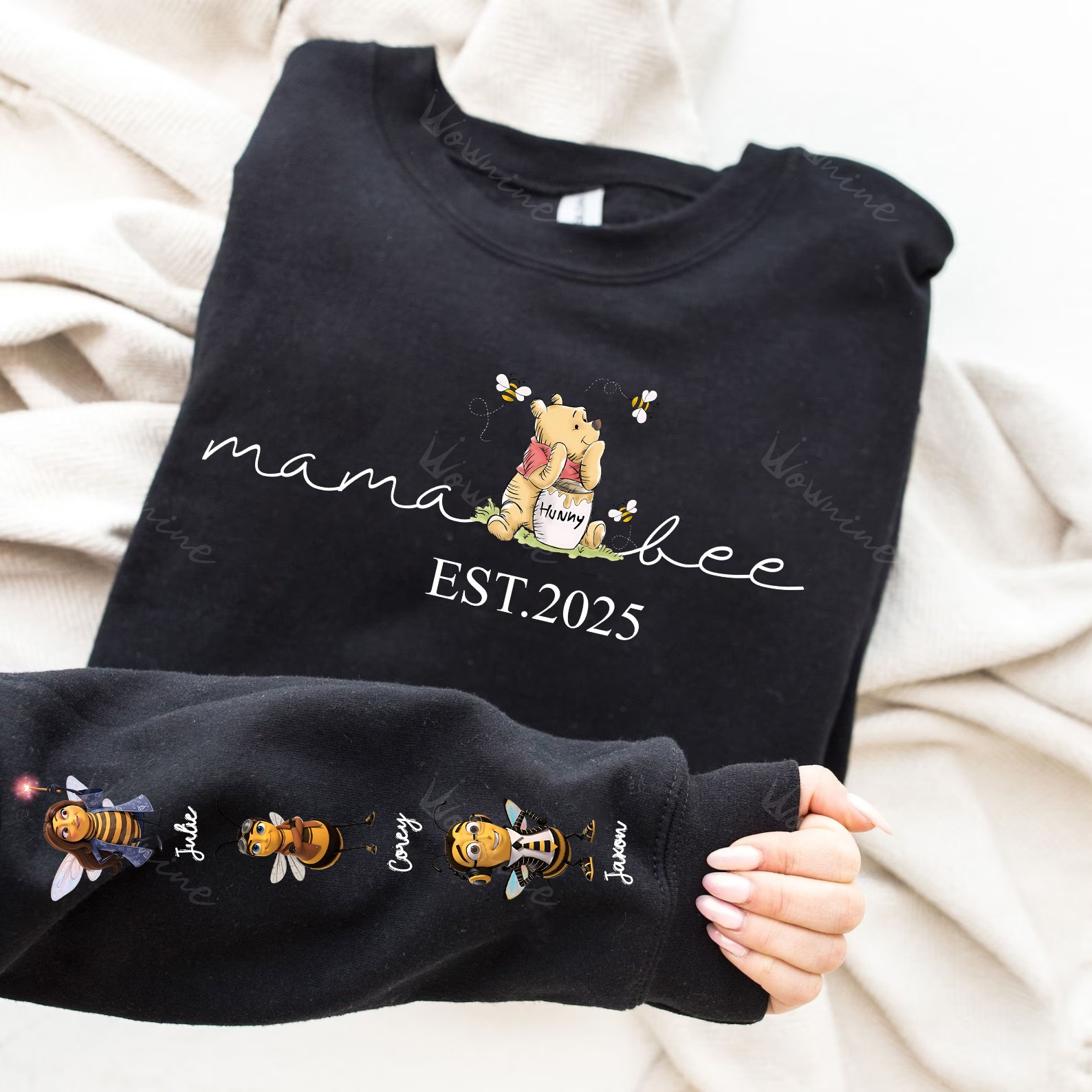 Custom Mama Bee Sweatshirt, Mama Est with Kid Name on Sleeve Sweatshirt