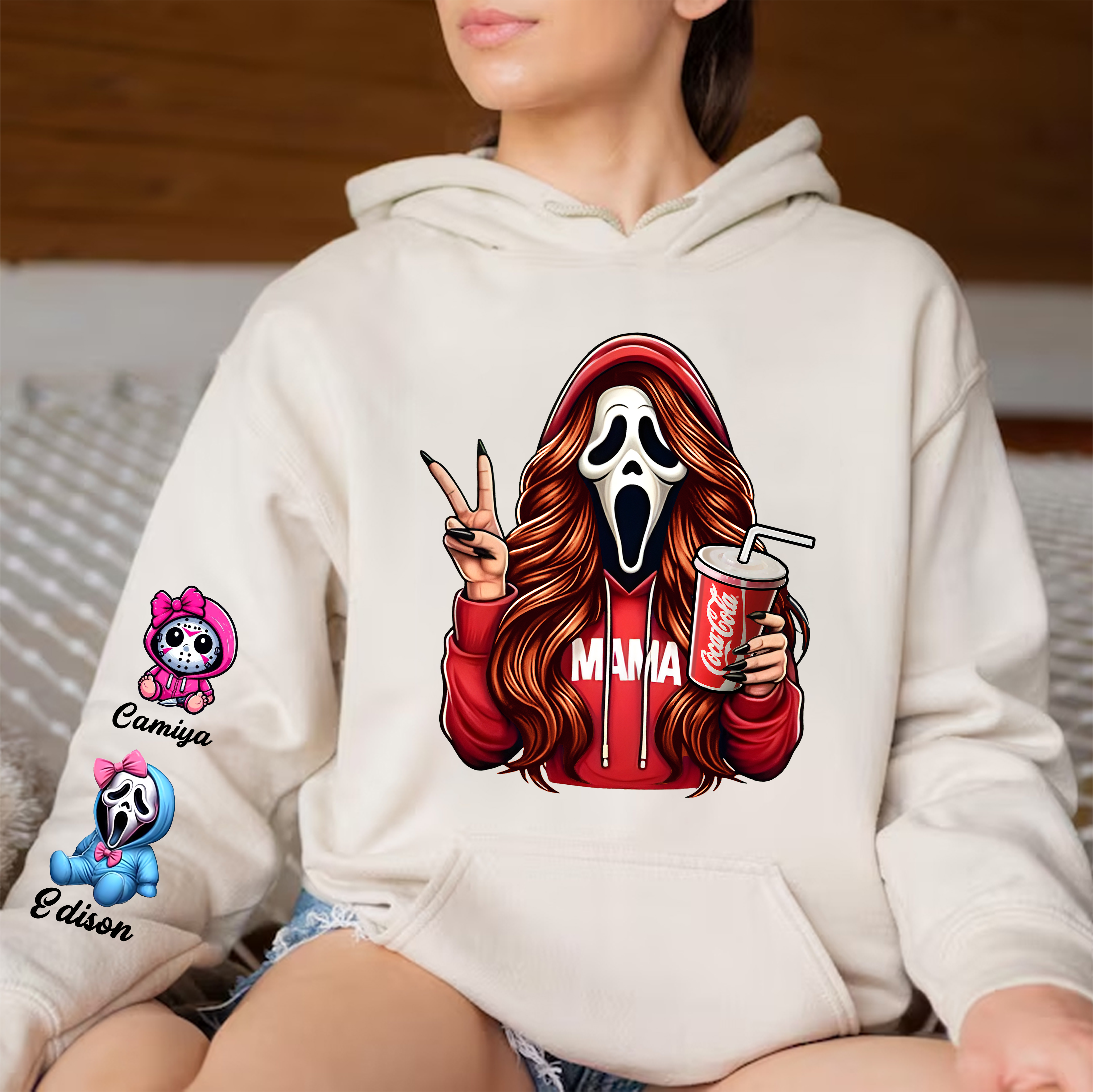 Custom Halloween Ghust Face MAMA Sweatshirt with Kid's Names/Pet's Names on the Sleeve