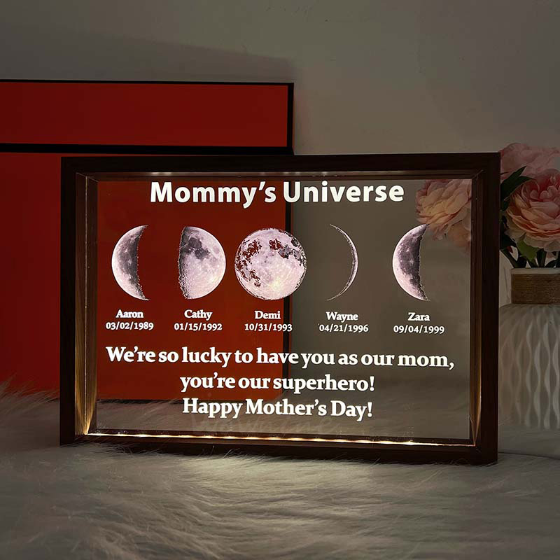 Led light frame with text and date - mom's universe