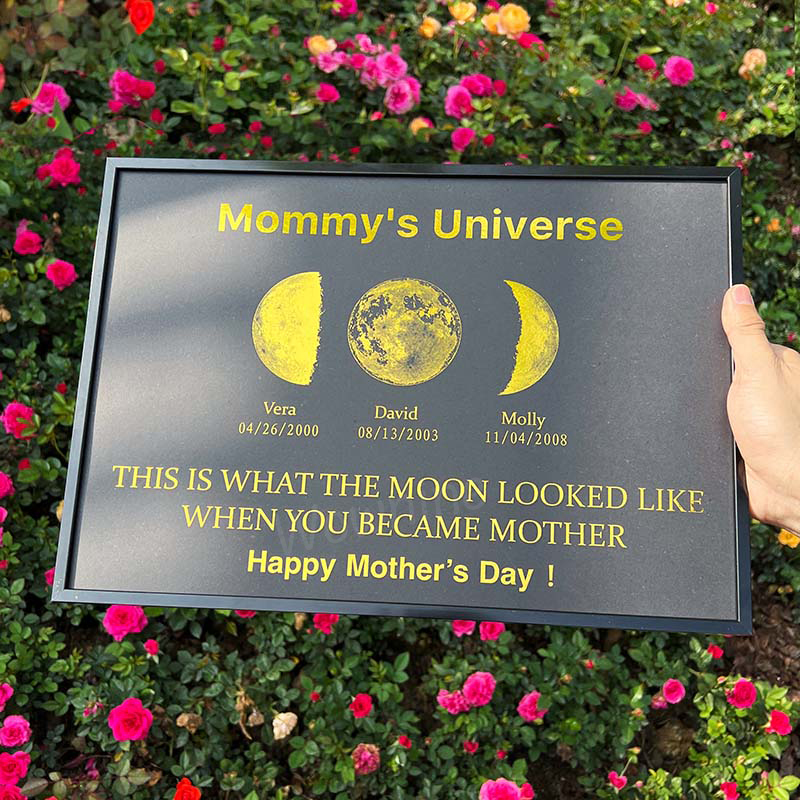 Custom Moon Phase Frame With Text & Date- Custom Art Frame for Mom - Mommy's Universe