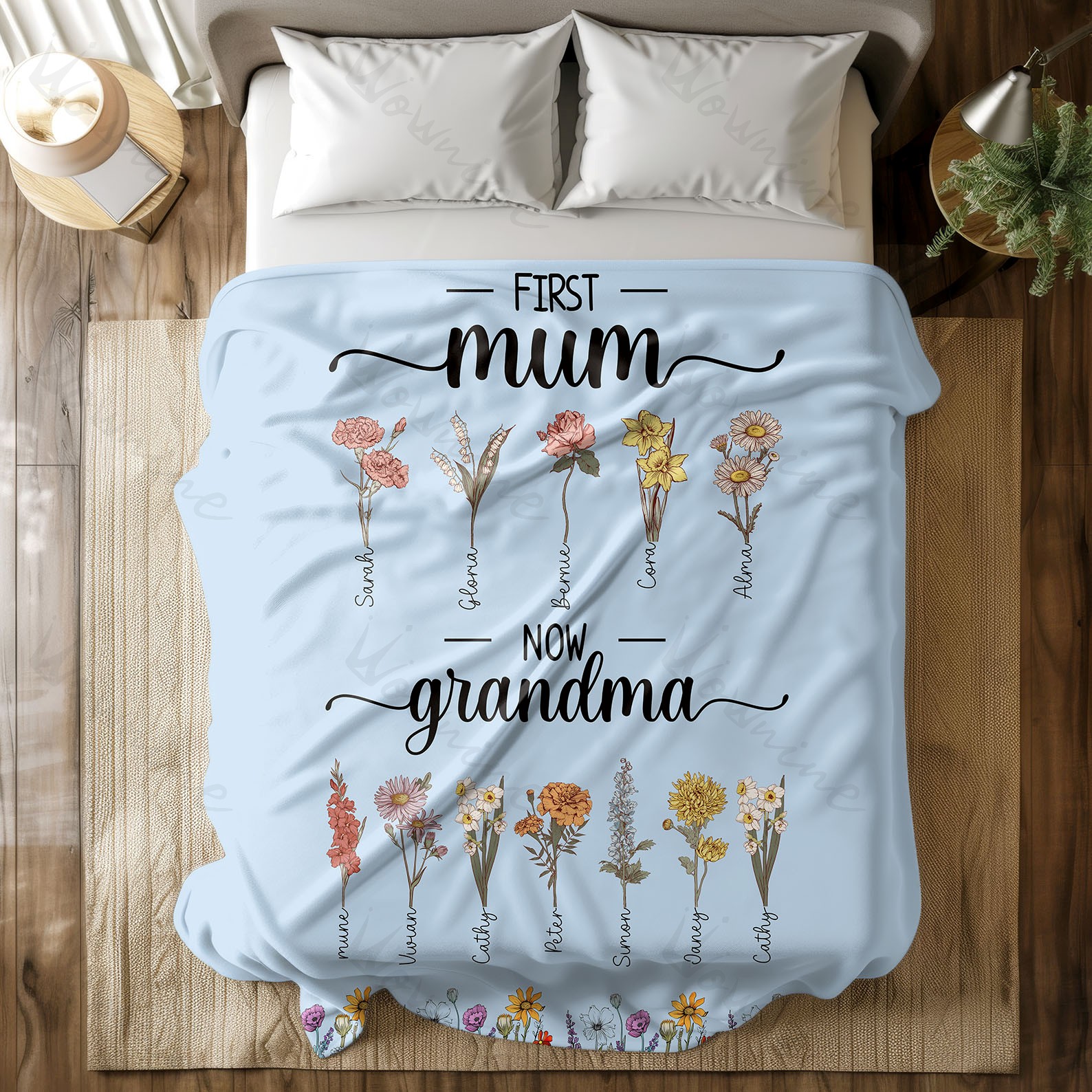 First Mom Now Grandma - Birth Flower Family Customized Blanket-Real-time preview