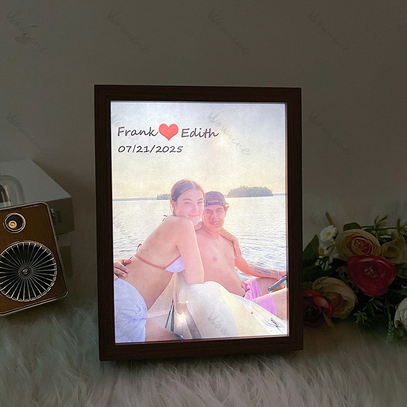Custom Couple Photo Mirror Light Wooden Box