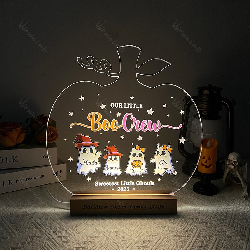Custom Halloween Ghost Acrylic Light-Up Decor | Personalized Family Names & Wooden Base Text