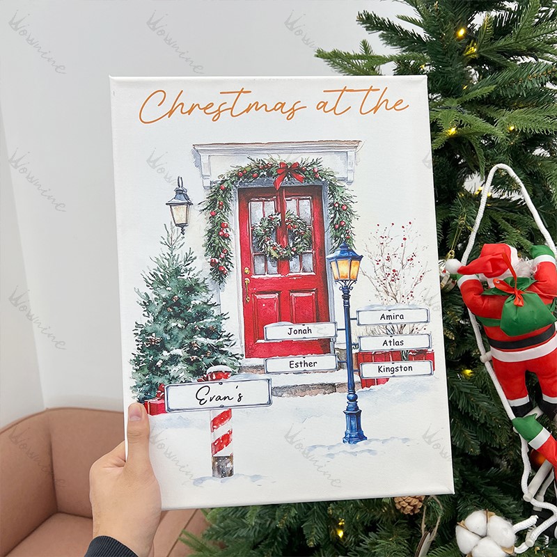 Custom Christmas Door Print Family Name Wall Art Winter Watercolor Canvas