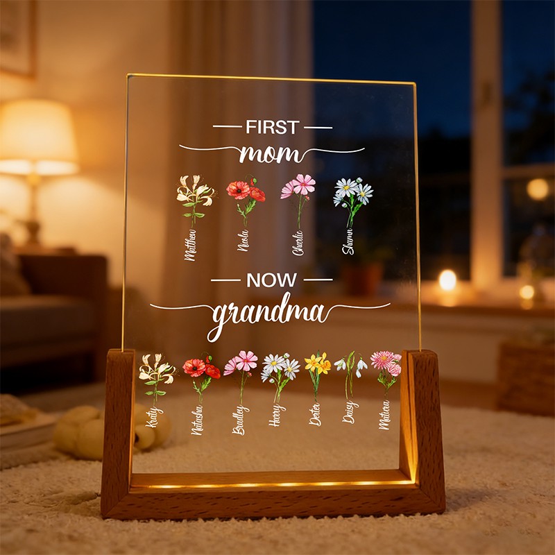First Mom Now Grandma Birth Flower Family Customized U Light LED Frame