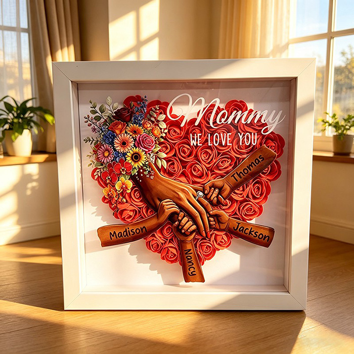 Personalized Mommy and Children Holding Hands Flower Shadow Box