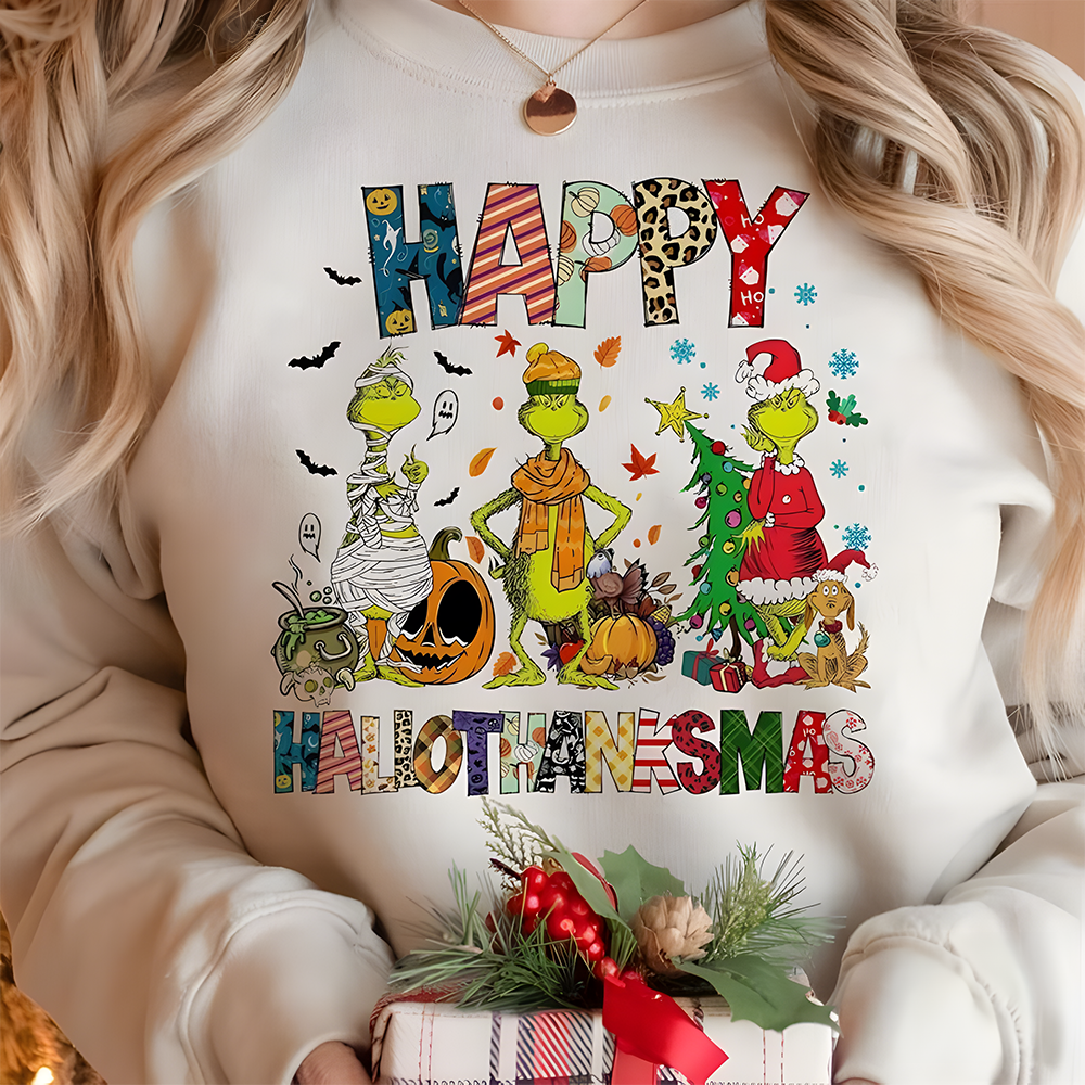 Happy HalloThanksMas Grumbly Green Sweatshirt