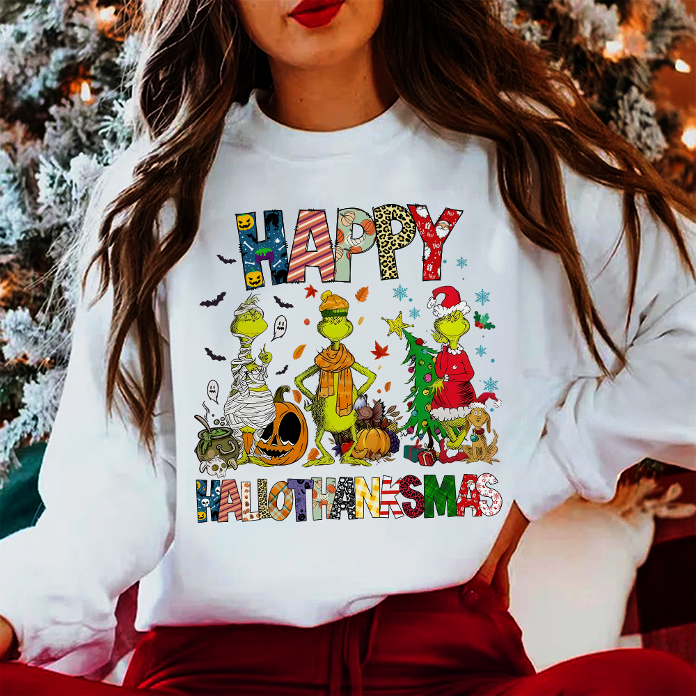Happy HalloThanksMas Grumbly Green Sweatshirt