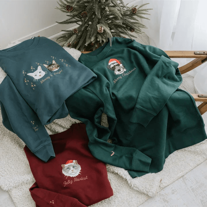 Christmas Custom Embroidered Sweatshirt With Pet Portrait