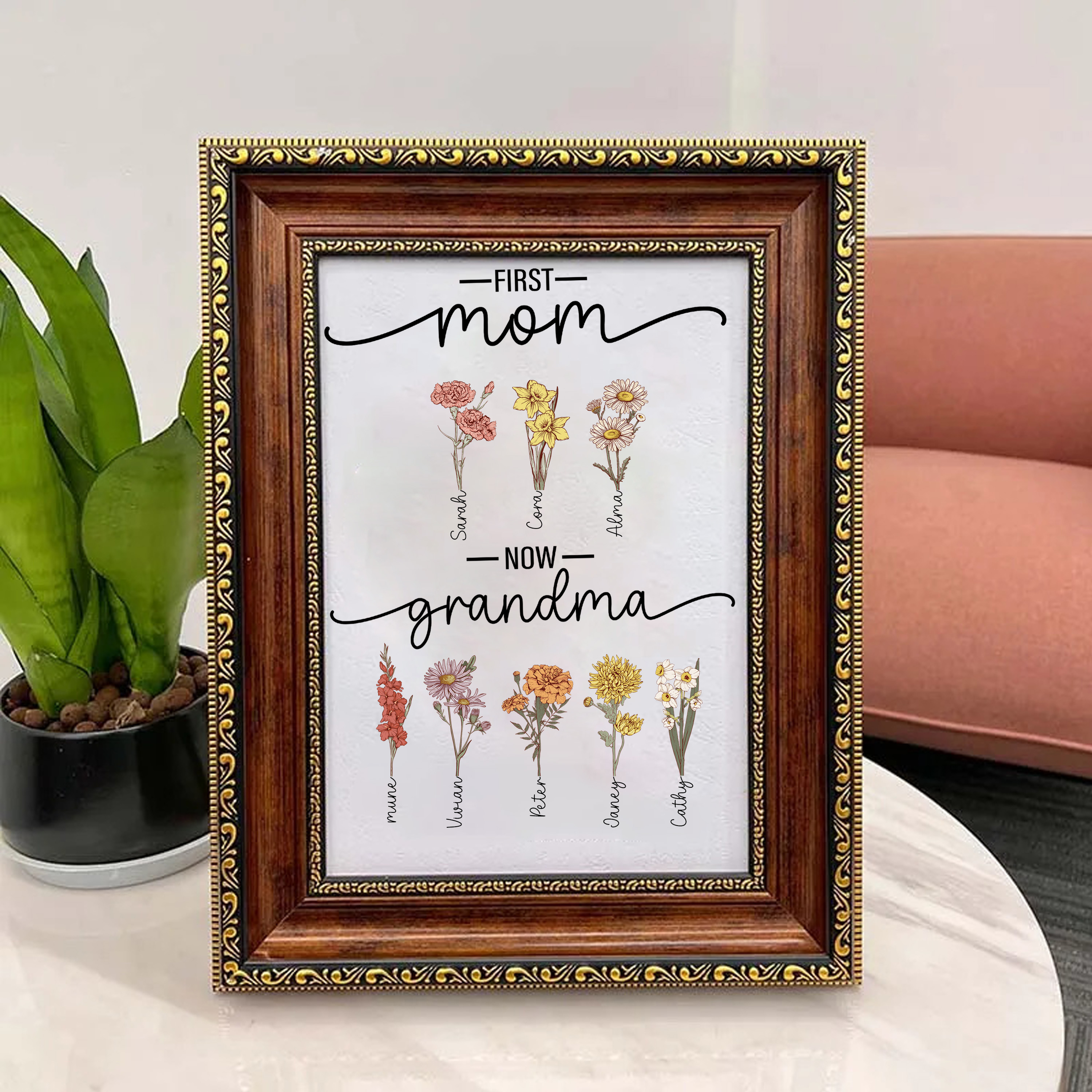 First Mom Now Grandma-Birth Flower Family Personalized Names Frame
