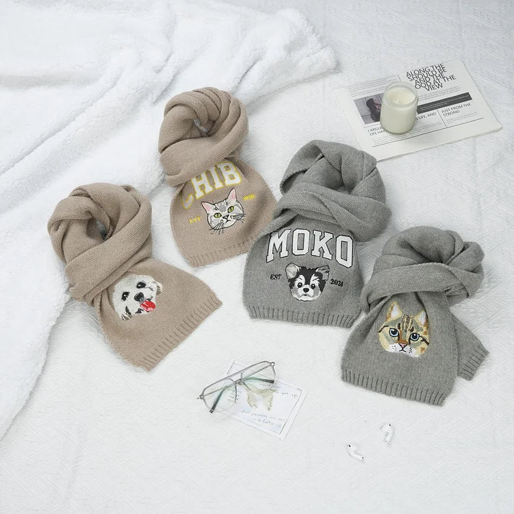 Custom Embroidered Any Pet Portrait EST Woven Scarf With Pet Face and Name Christmas Gift for Pet Lovers