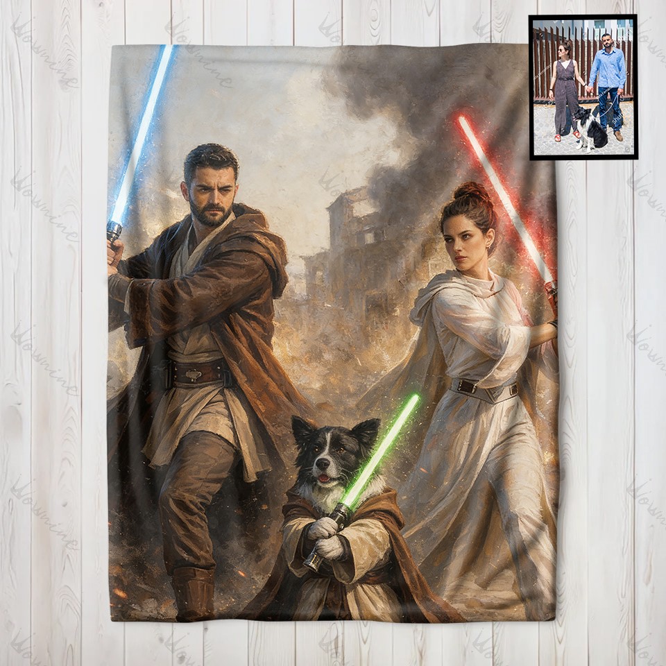 Custom Lightsaber Galactic Hero Couple Family Portrait Blanket Gift