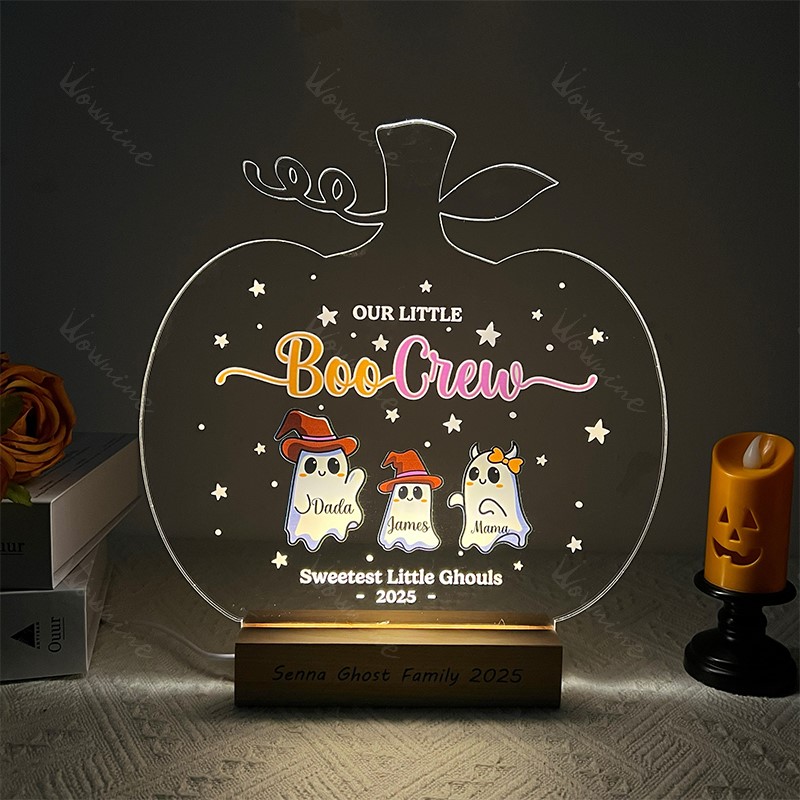 Custom Halloween Ghost Acrylic Light-Up Decor | Personalized Family Names & Wooden Base Text