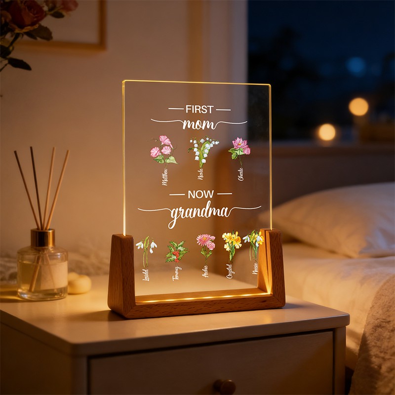 First Mom Now Grandma Birth Flower Family Customized U Light LED Frame