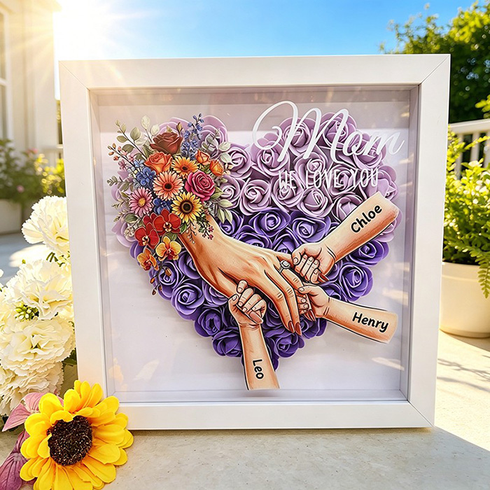 Personalized Mommy and Children Holding Hands Flower Shadow Box