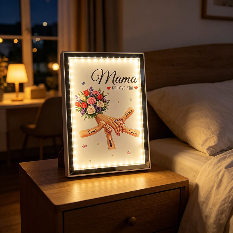 Personalized Mommy and Children Hold Hands Flower Mirror Light Box