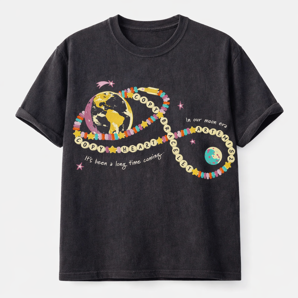 Y2K Friendship Bracelet Earth Print Oversized Black T-Shirt, Retro Space Aesthetic Tee
