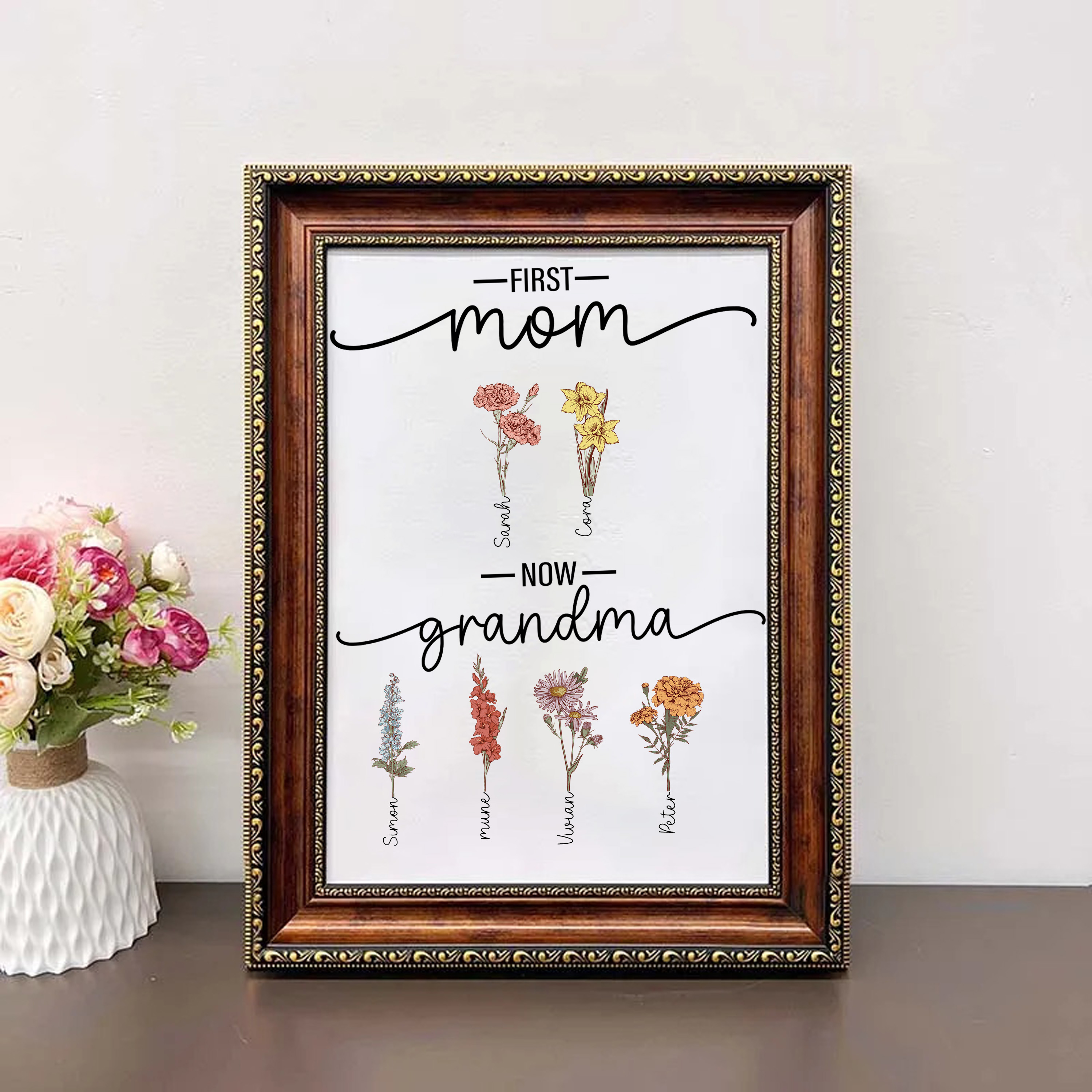First Mom Now Grandma-Birth Flower Family Personalized Names Frame