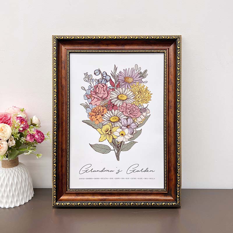 Birth Flower Family Bouquet Custom Names Frame Pro