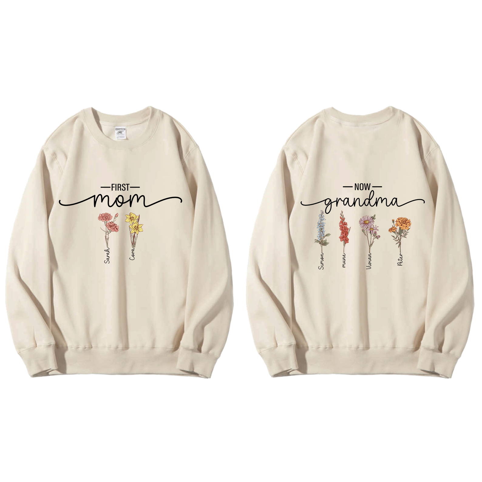 First Mom Now Grandma - Two-Sided Birth Flower Family  Custom Hoodie/Crewneck/T-shirt（Real-time preview）