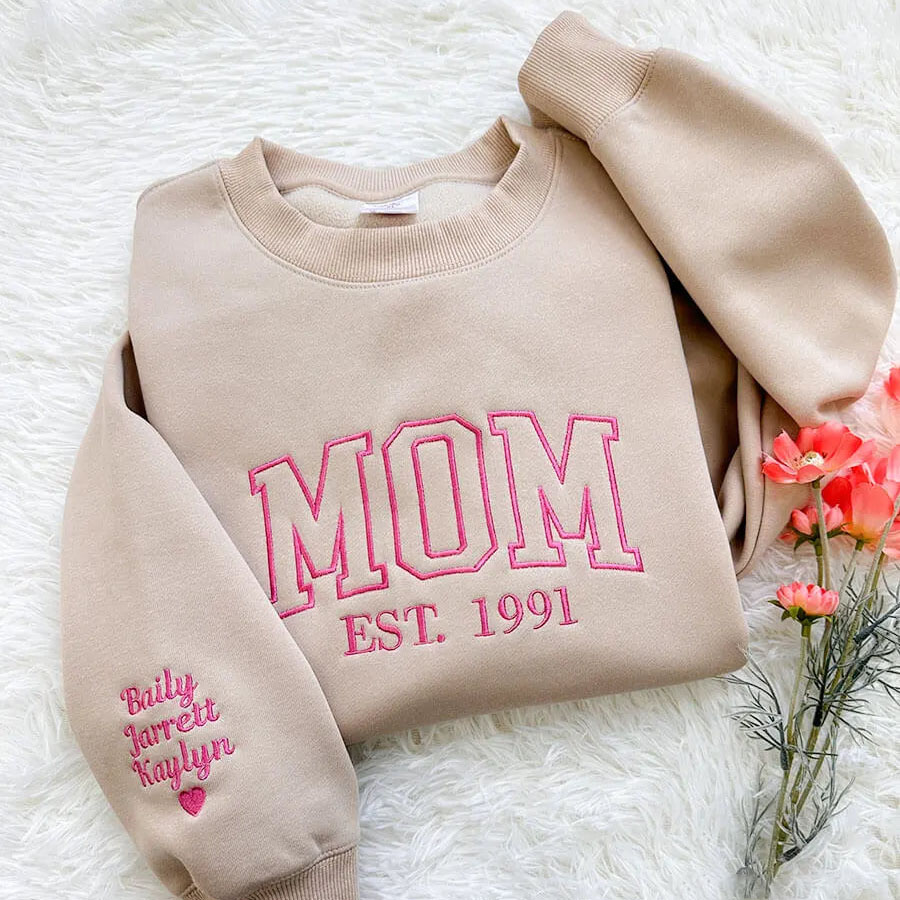 Custom Embroidered Mama Sweatshirt with Kids Names on Sleeve