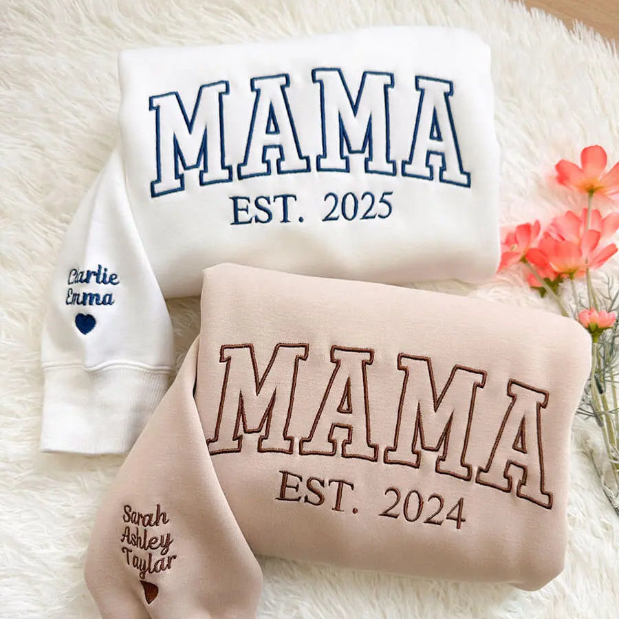 Custom Embroidered Mama Sweatshirt with Kids Names on Sleeve
