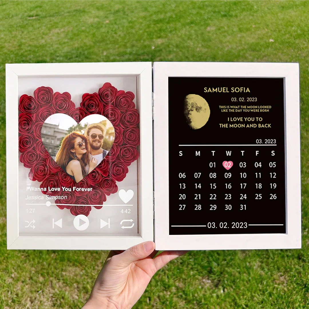 (Heart With Song) Custom Flowers Frame with REAL MOON PHASE Anniversary Calendar