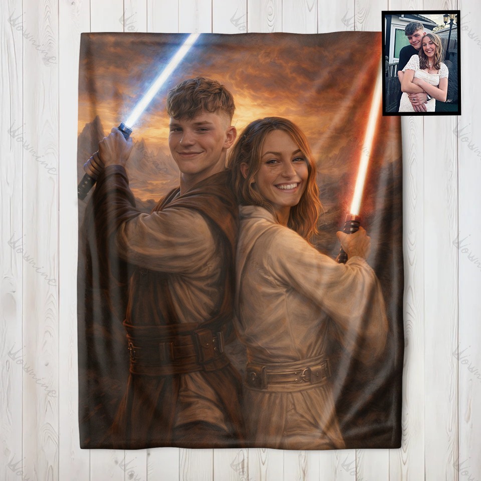 Custom Lightsaber Galactic Hero Couple Family Portrait Blanket Gift