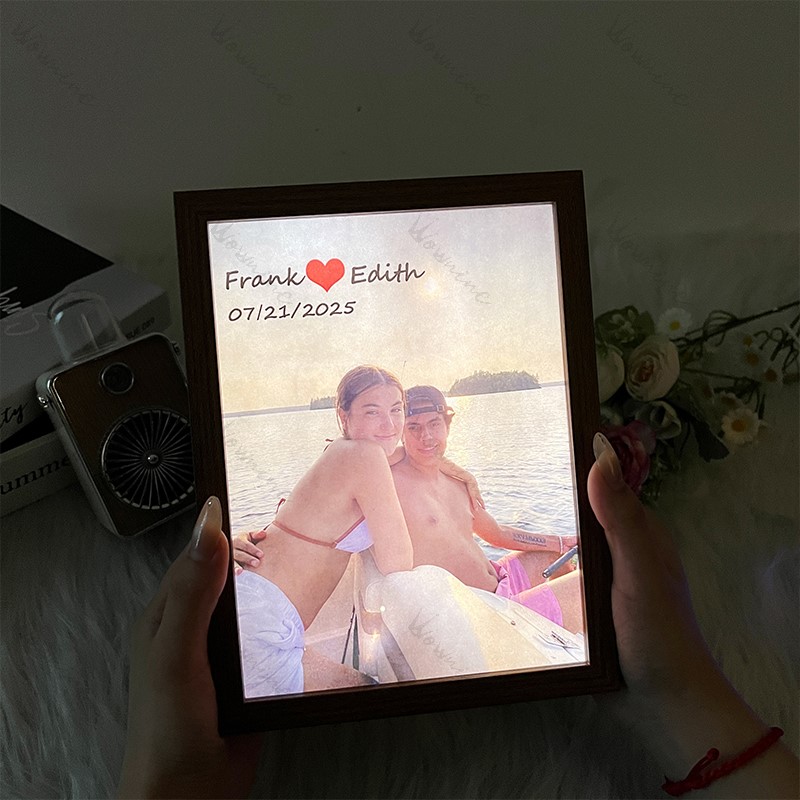 Custom Couple Photo Mirror Light Wooden Box