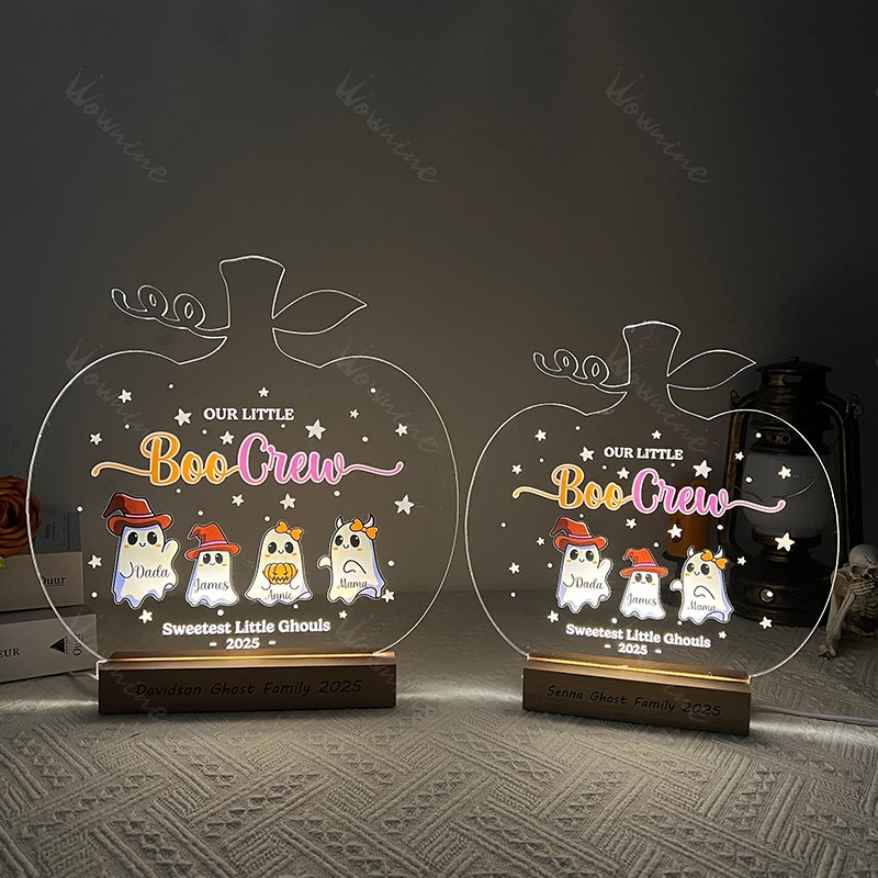Custom Halloween Ghost Acrylic Light-Up Decor | Personalized Family Names & Wooden Base Text