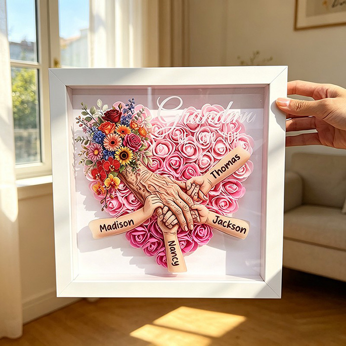 Personalized Mommy and Children Holding Hands Flower Shadow Box
