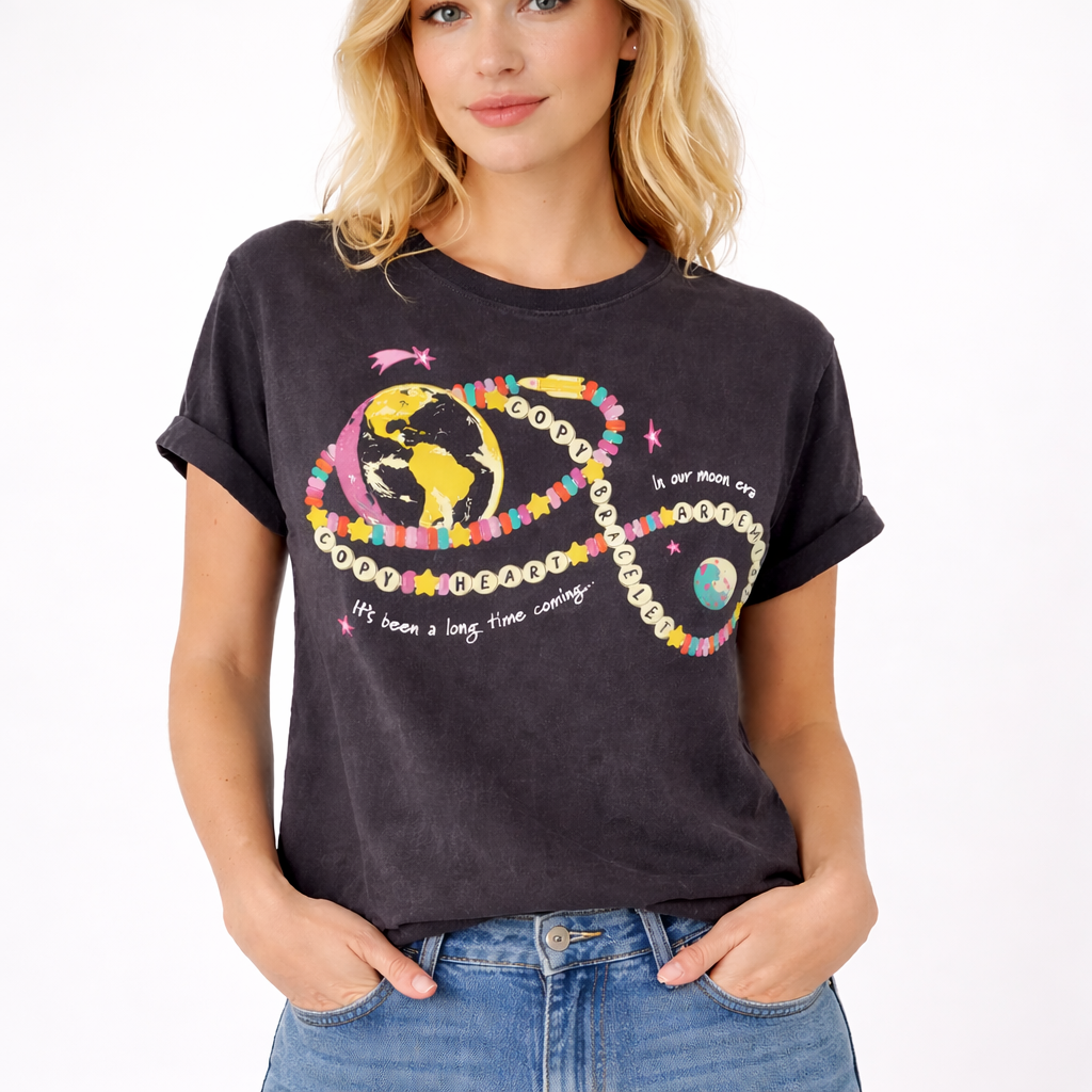 Y2K Friendship Bracelet Earth Print Oversized Black T-Shirt, Retro Space Aesthetic Tee