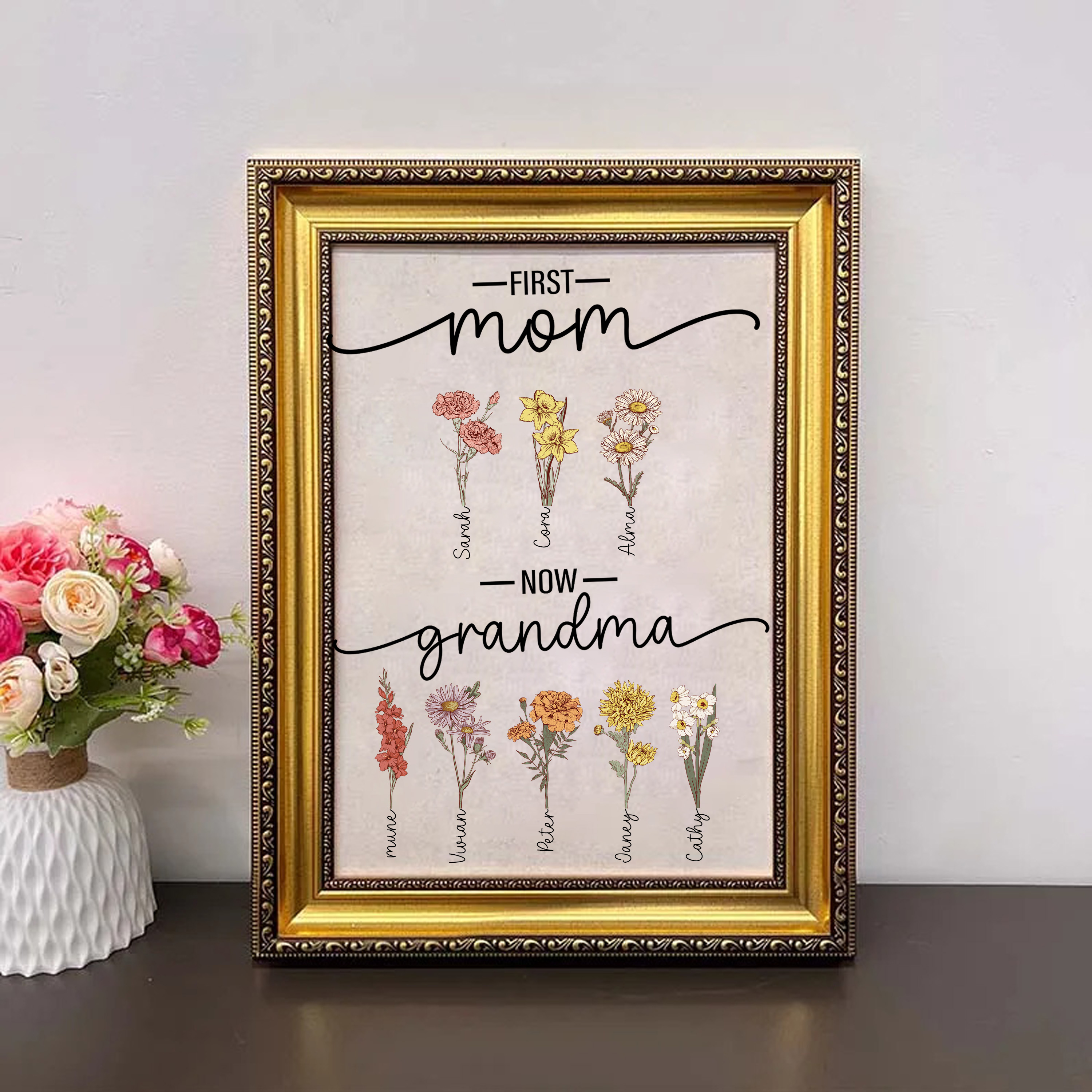 First Mom Now Grandma-Birth Flower Family Personalized Names Frame