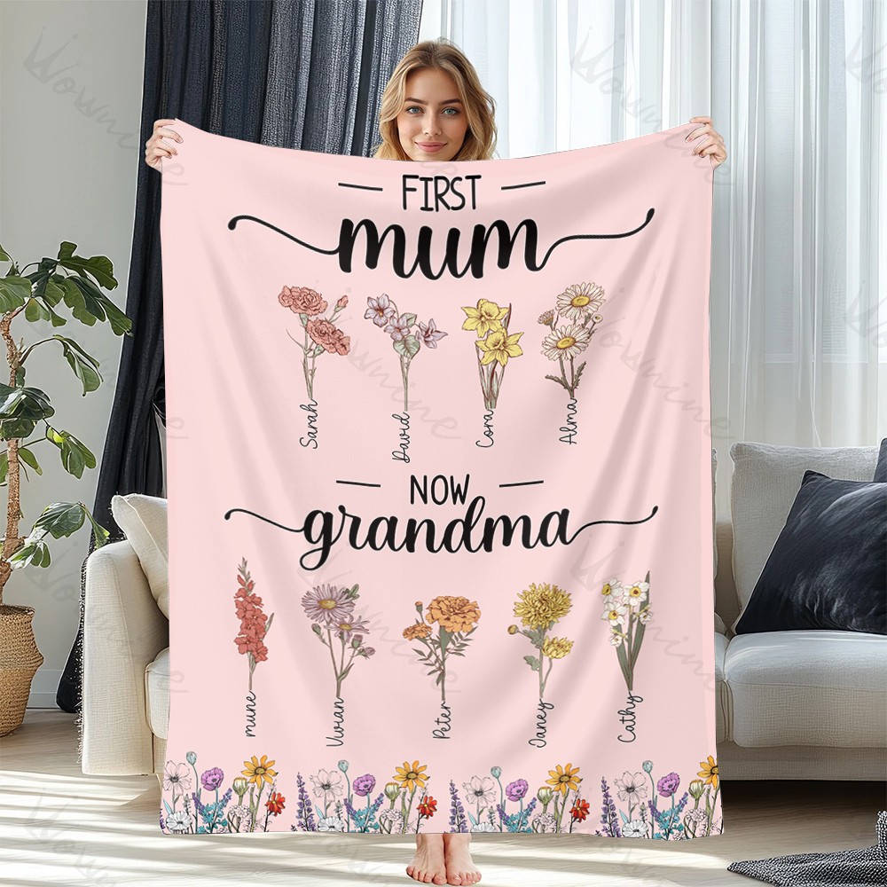 First Mom Now Grandma - Birth Flower Family Customized Blanket-Real-time preview