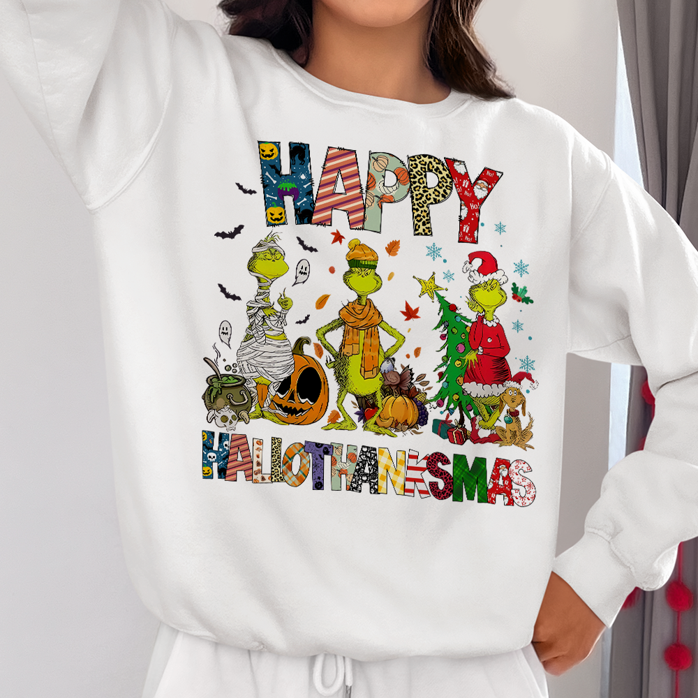 Happy HalloThanksMas Grumbly Green Sweatshirt