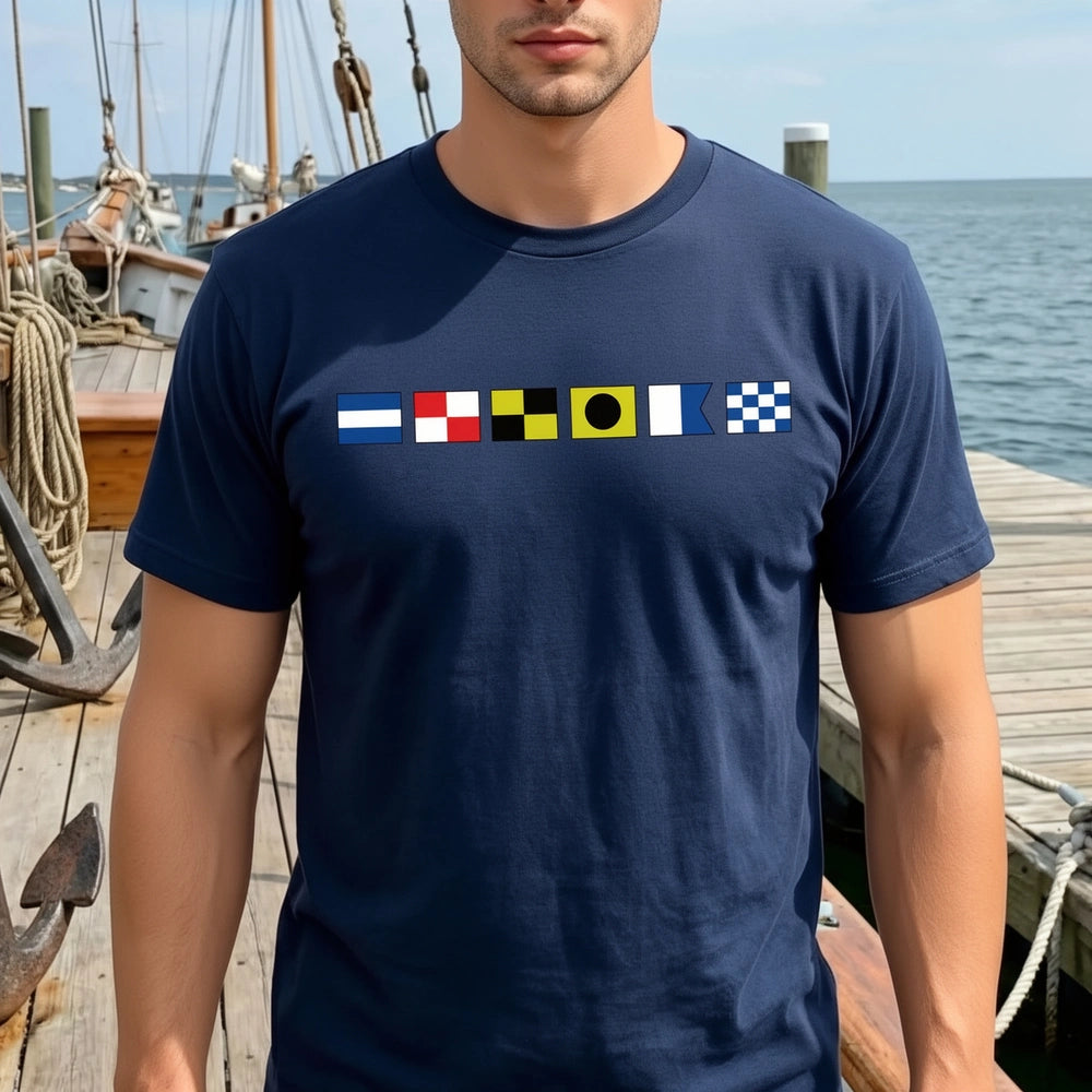 Custom Nautical Signal Flags T-Shirt - Personalized Name Sailing Tee, Beachy Casual Shirt for Boat Lovers