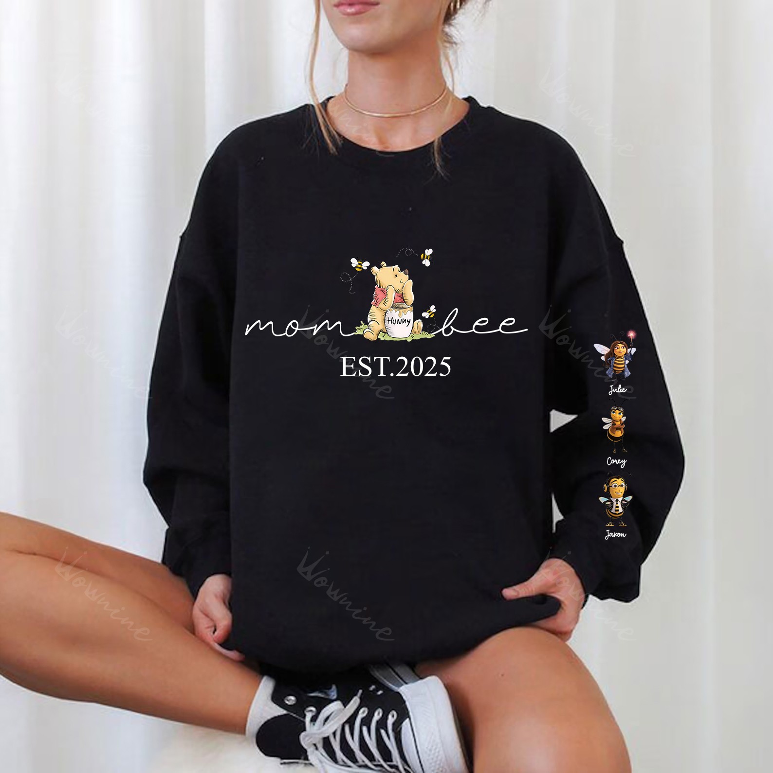 Custom Mama Bee Sweatshirt, Mama Est with Kid Name on Sleeve Sweatshirt