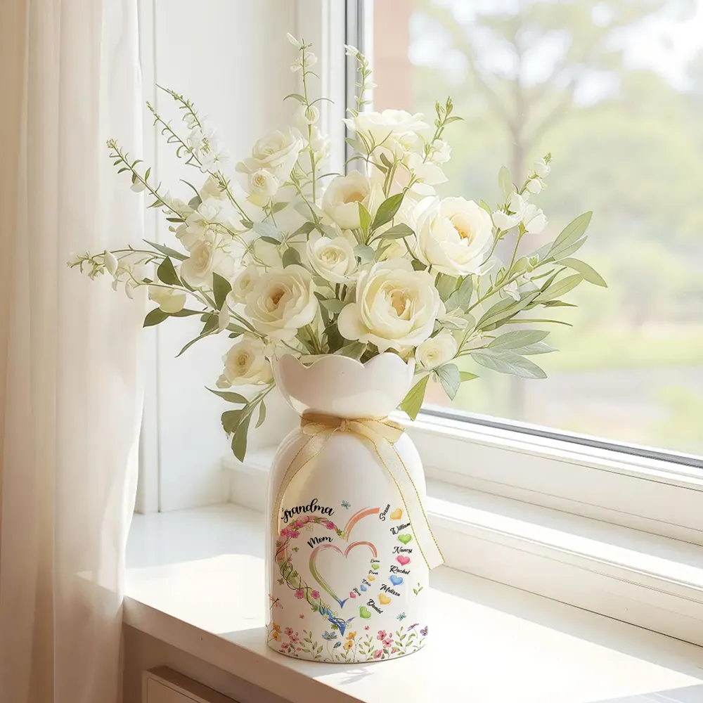 Personalized Custom Double Grandma Heart Ribbon Tie Flower Vase