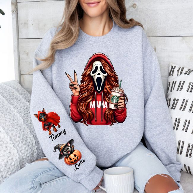 Custom Halloween Ghust Face MAMA Sweatshirt with Kid's Names/Pet's Names on the Sleeve