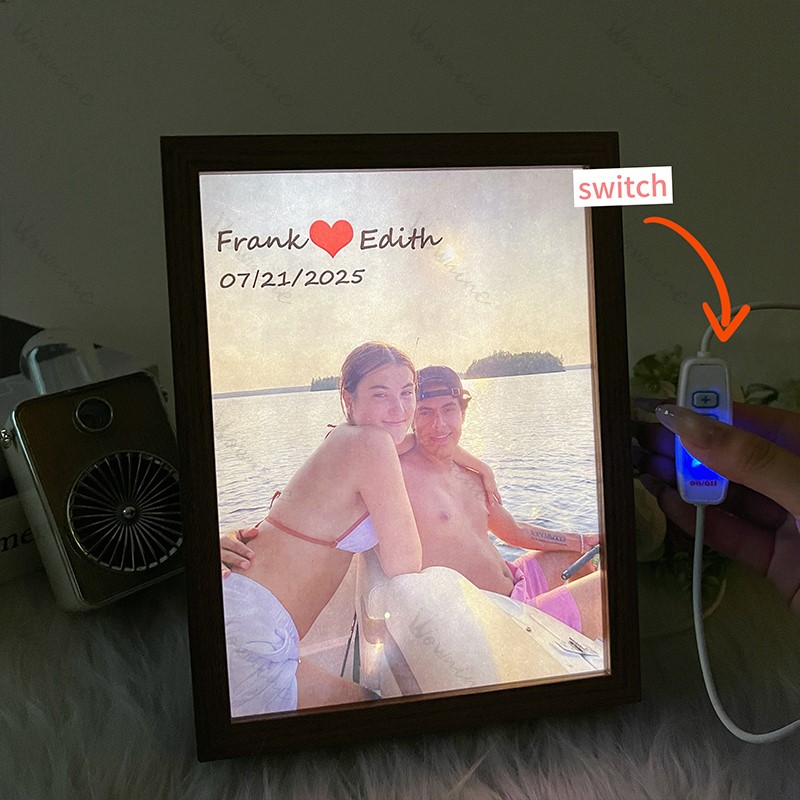 Custom Couple Photo Mirror Light Wooden Box