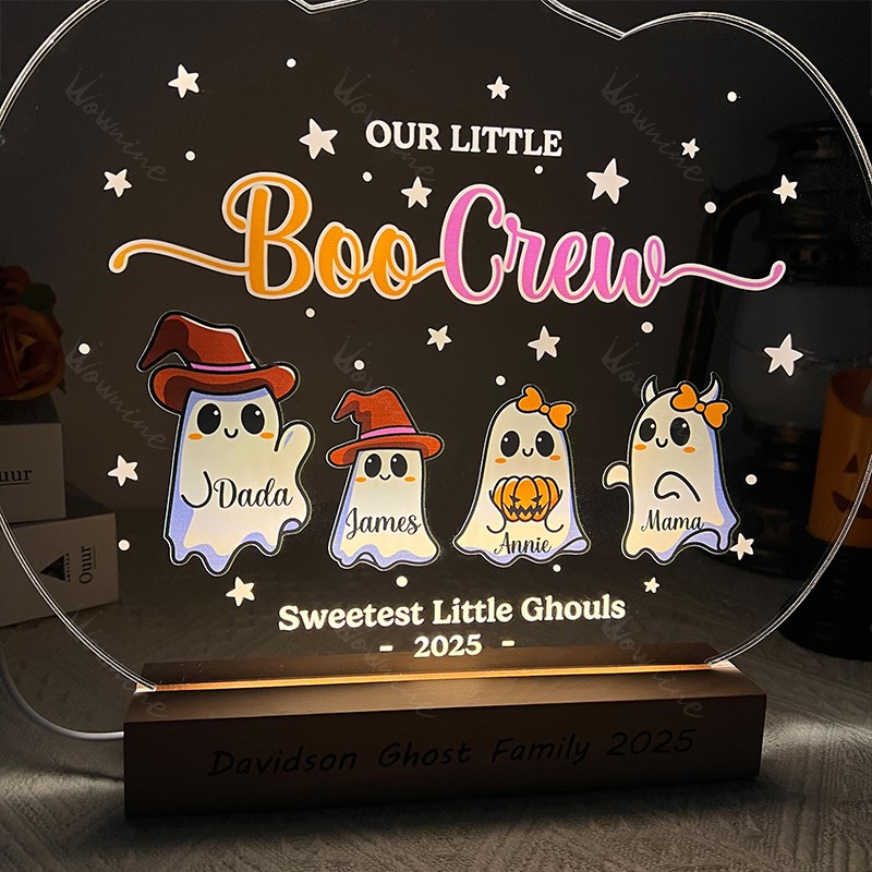 Custom Halloween Ghost Acrylic Light-Up Decor | Personalized Family Names & Wooden Base Text