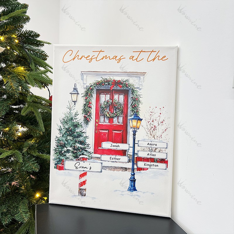 Custom Christmas Door Print Family Name Wall Art Winter Watercolor Canvas