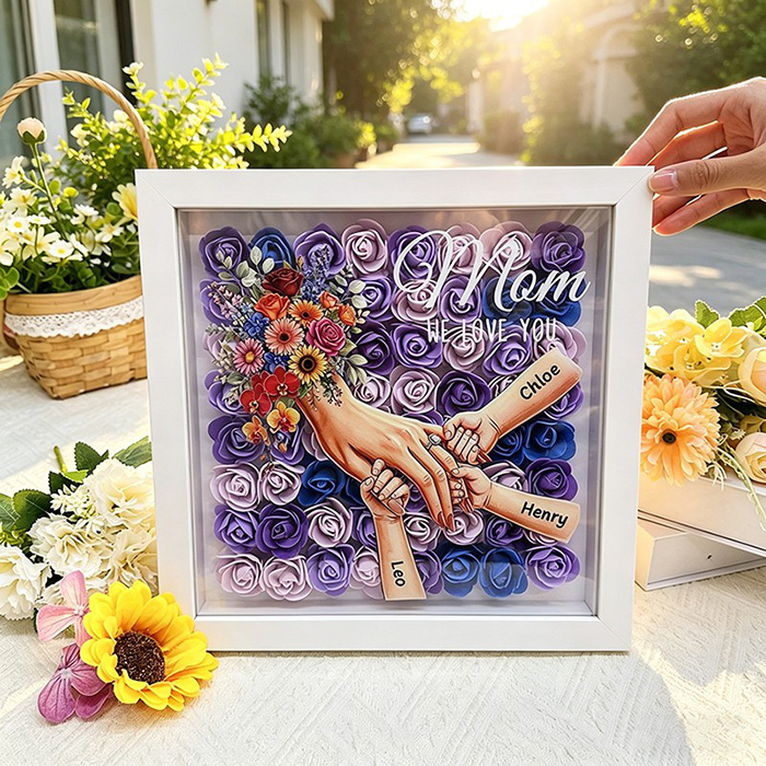 Personalized Mommy and Children Holding Hands Flower Shadow Box