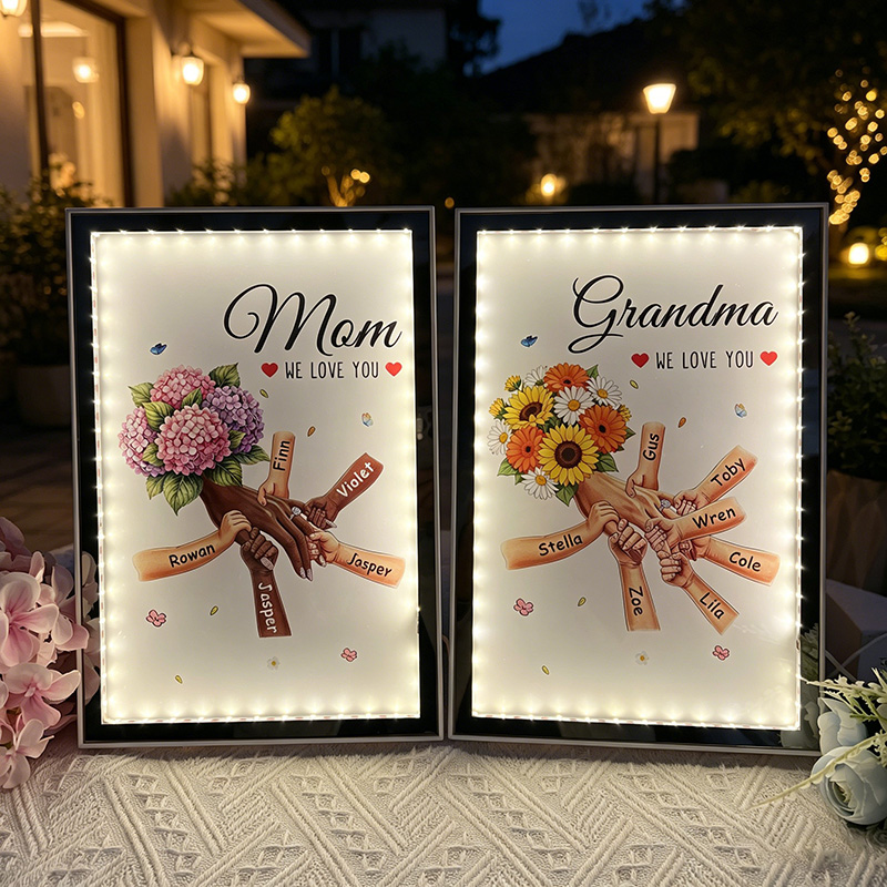 Personalized Mommy and Children Hold Hands Flower Mirror Light Box