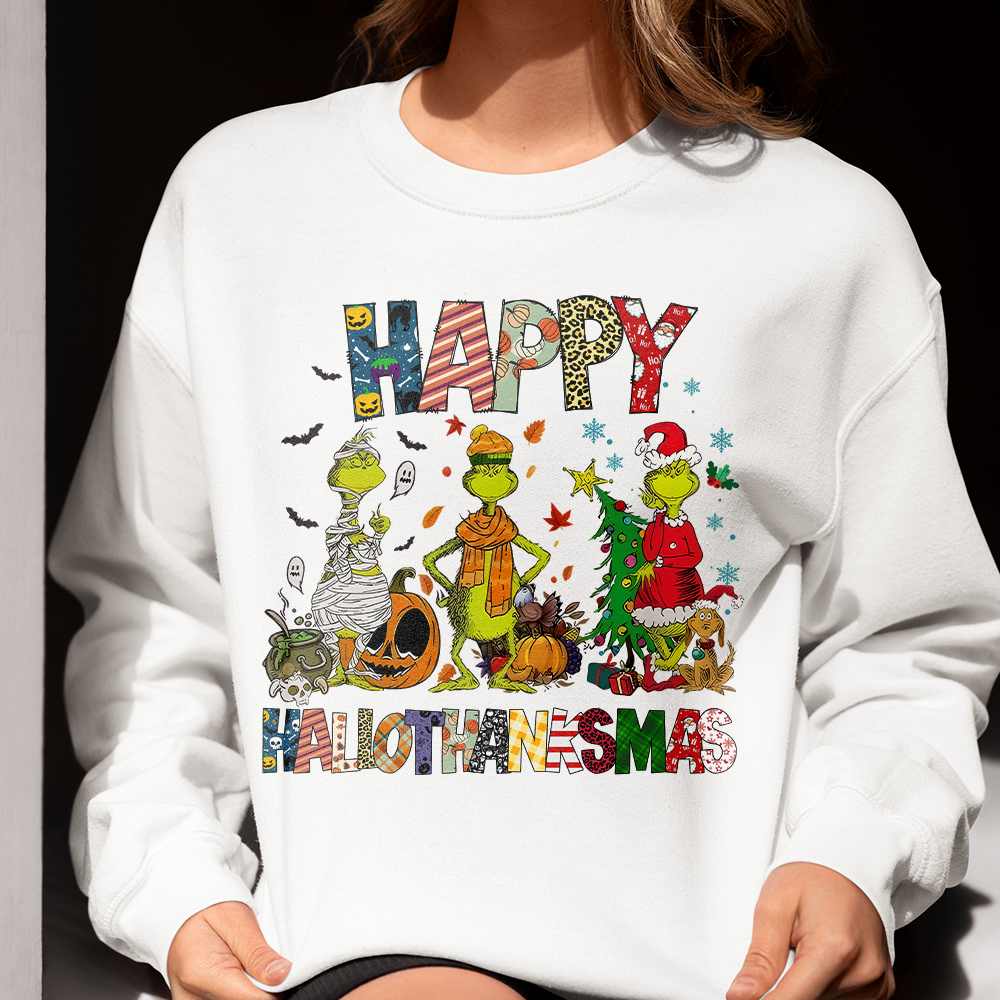 Happy HalloThanksMas Grumbly Green Sweatshirt